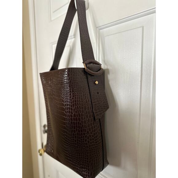 Banana Republic Vida Bag Croc Embossed Leather Shoulder Tote Brown Oversized - Picture 6 of 15